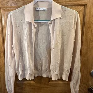 ZARA Cream Knit Pearl-Accent Knit Button Cardigan Jacket